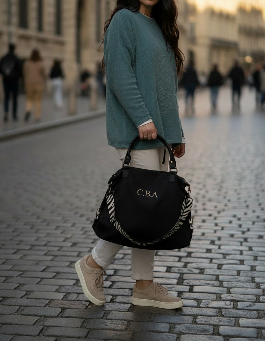 BOLSO OVAL LONETA Y PIEL | NEGRO
