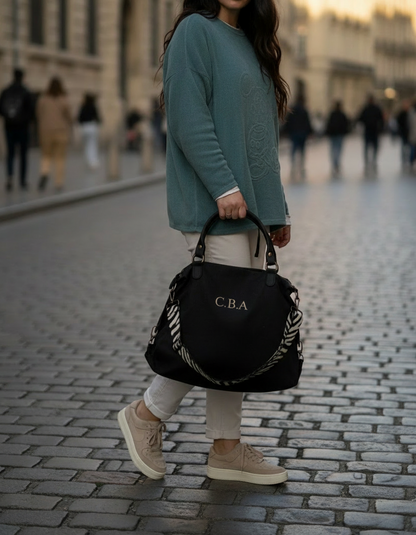 BOLSO OVAL LONETA Y PIEL | NEGRO Negro