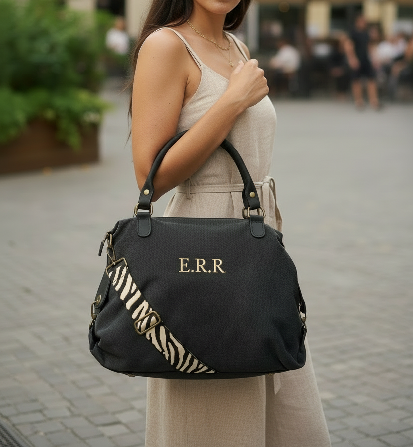 BOLSO OVAL LONETA Y PIEL | NEGRO